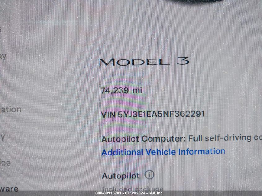 2022 Tesla Model 3 Rear-Wheel Drive VIN: 5YJ3E1EA5NF362291 Lot: 39915781