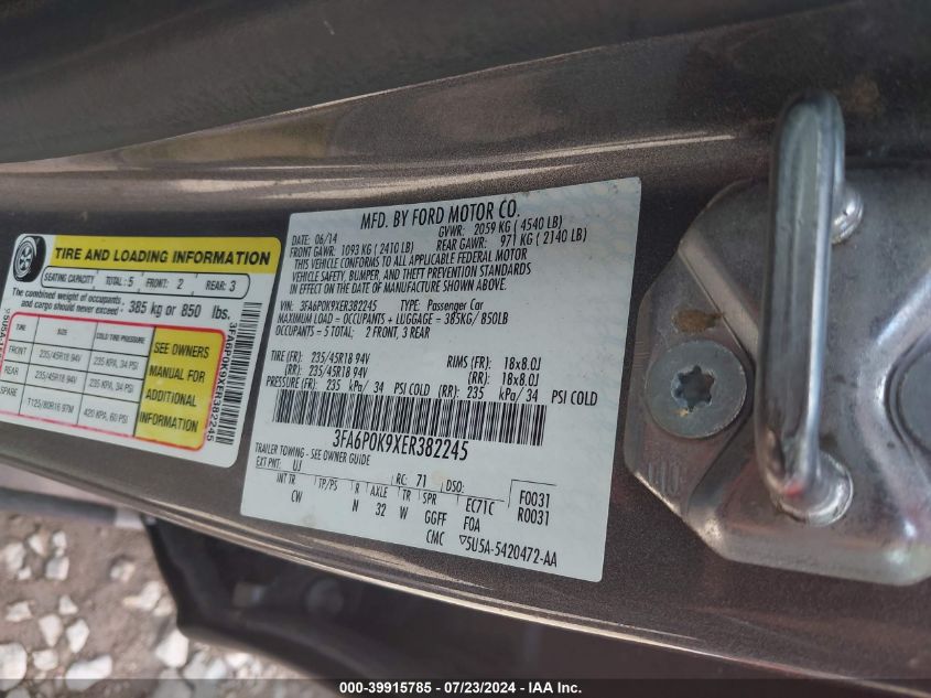 2014 Ford Fusion Titanium VIN: 3FA6P0K9XER382245 Lot: 39915785