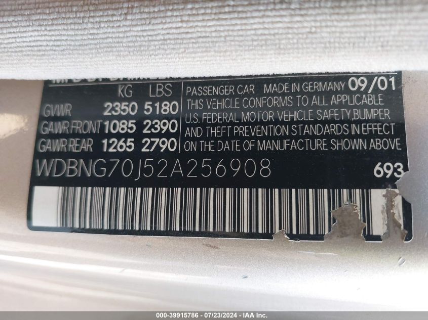 2002 Mercedes-Benz S 430 VIN: WDBNG70J52A256908 Lot: 39915786