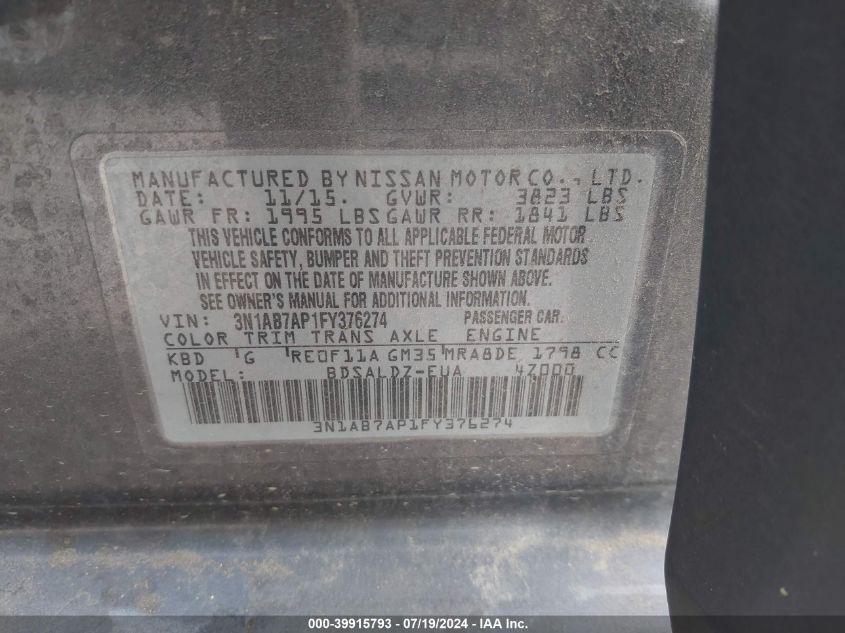 2015 Nissan Sentra Sv VIN: 3N1AB7AP1FY376274 Lot: 39915793