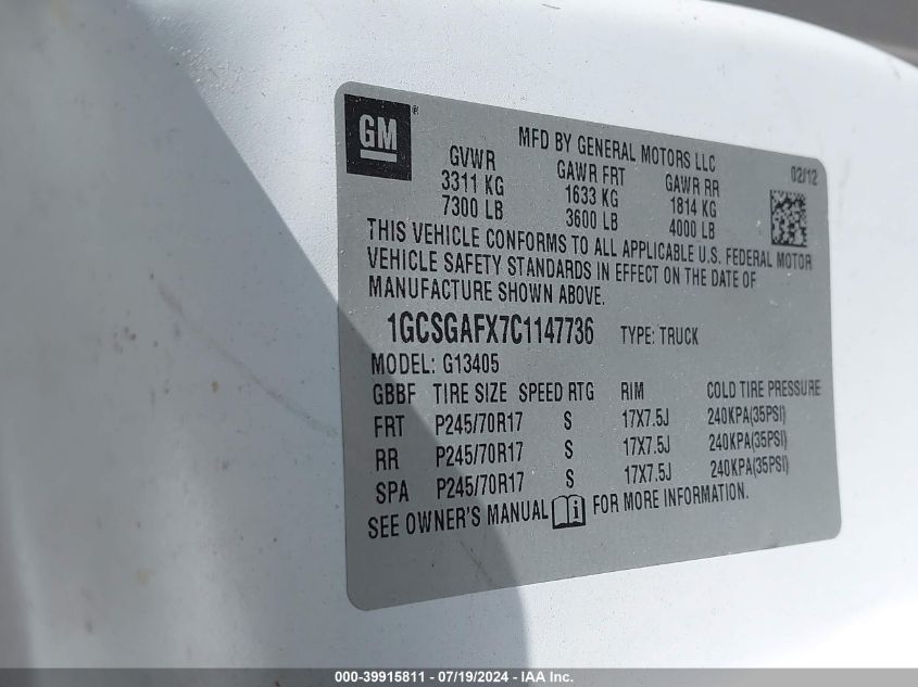 2012 Chevrolet Express 1500 Work Van VIN: 1GCSGAFX7C1147736 Lot: 39915811