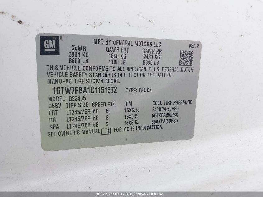 2012 GMC Savana 2500 Work Van VIN: 1GTW7FBA1C1151572 Lot: 39915818