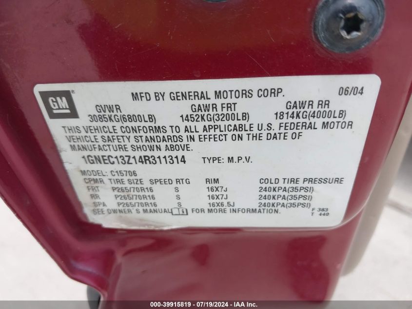 2004 Chevrolet Tahoe Ls VIN: 1GNEC13Z14R311314 Lot: 39915819