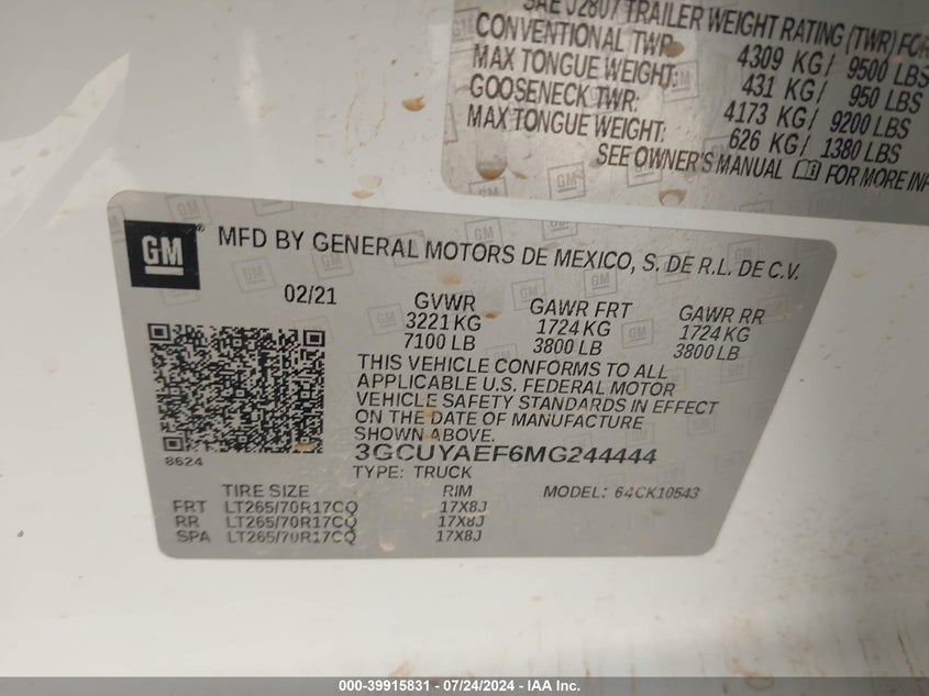 2021 CHEVROLET SILVERADO 1500 4WD  SHORT BED WT - 3GCUYAEF6MG244444