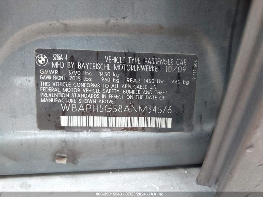 2010 BMW 328 I Sulev VIN: WBAPH5G58ANM34576 Lot: 39915843