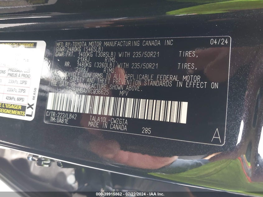 VIN 2T2BAMBA7RC036625 2024 LEXUS RX 350 PREMIUM PLUS