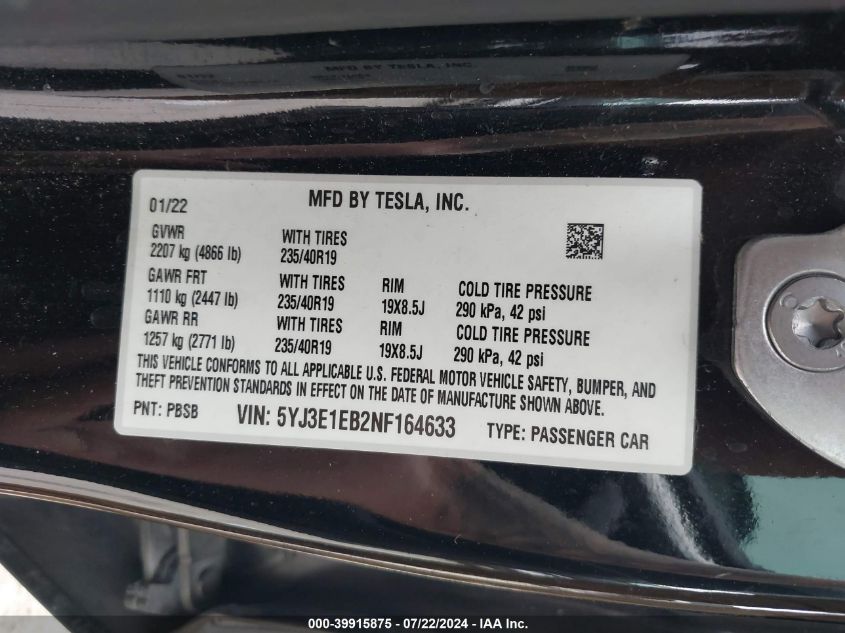 5YJ3E1EB2NF164633 2022 Tesla Model 3 Long Range Dual Motor All-Wheel Drive