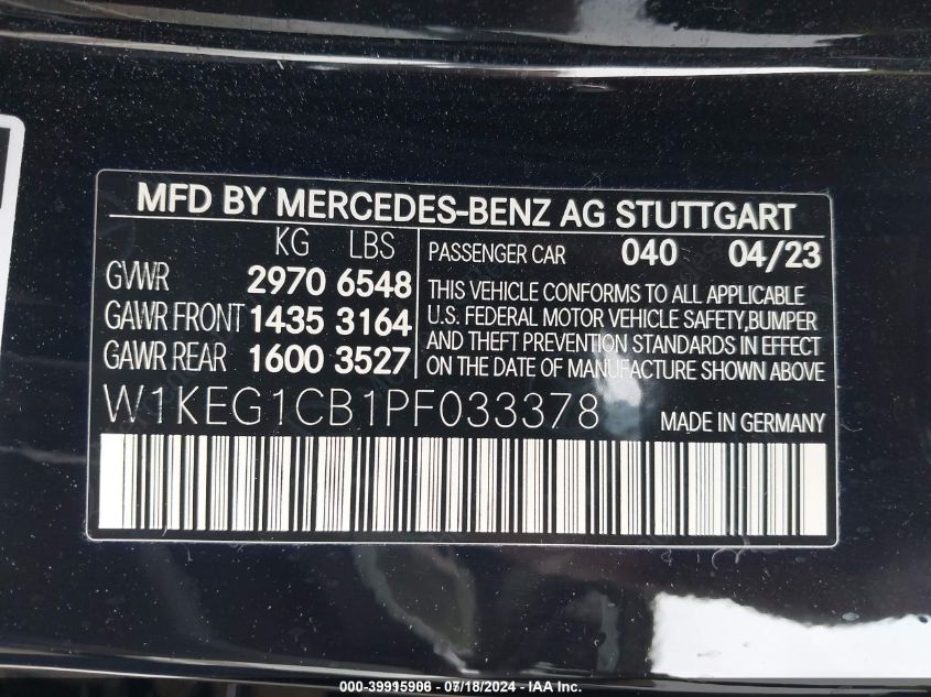 2023 Mercedes-Benz Eqe 350 4Matic VIN: W1KEG1CB1PF033378 Lot: 39915906