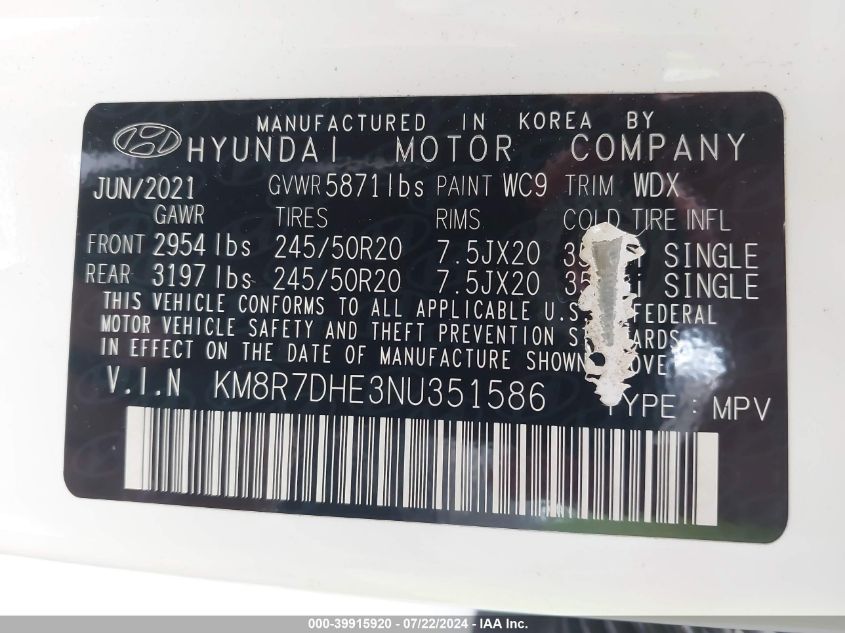 2022 Hyundai Palisade Calligraphy VIN: KM8R7DHE3NU351586 Lot: 39915920