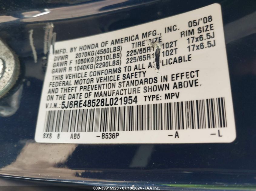 2008 Honda Cr-V Ex VIN: 5J6RE48528L021954 Lot: 39915923