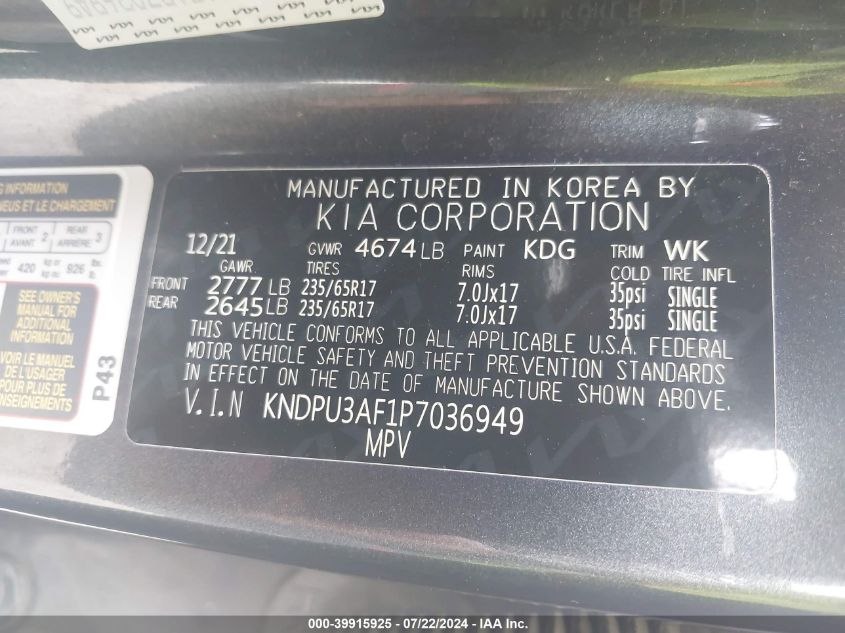 2023 Kia Sportage Lx VIN: KNDPU3AF1P7036949 Lot: 39915925