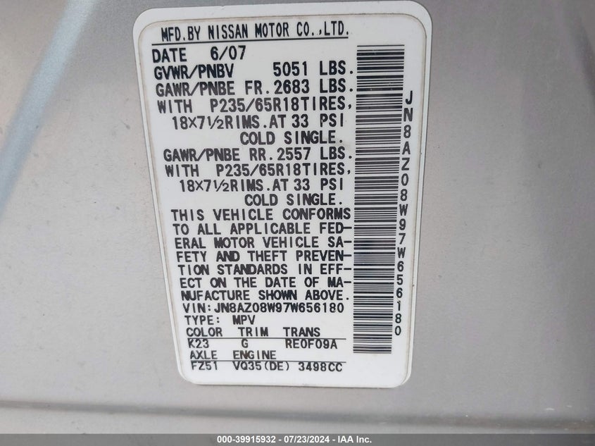 2007 Nissan Murano Sl/Se/S VIN: JN8AZ08W97W656180 Lot: 39915932