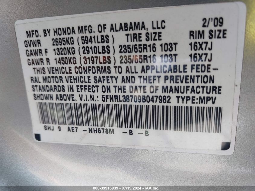 2009 Honda Odyssey Ex-L VIN: 5FNRL38709B047982 Lot: 39915939