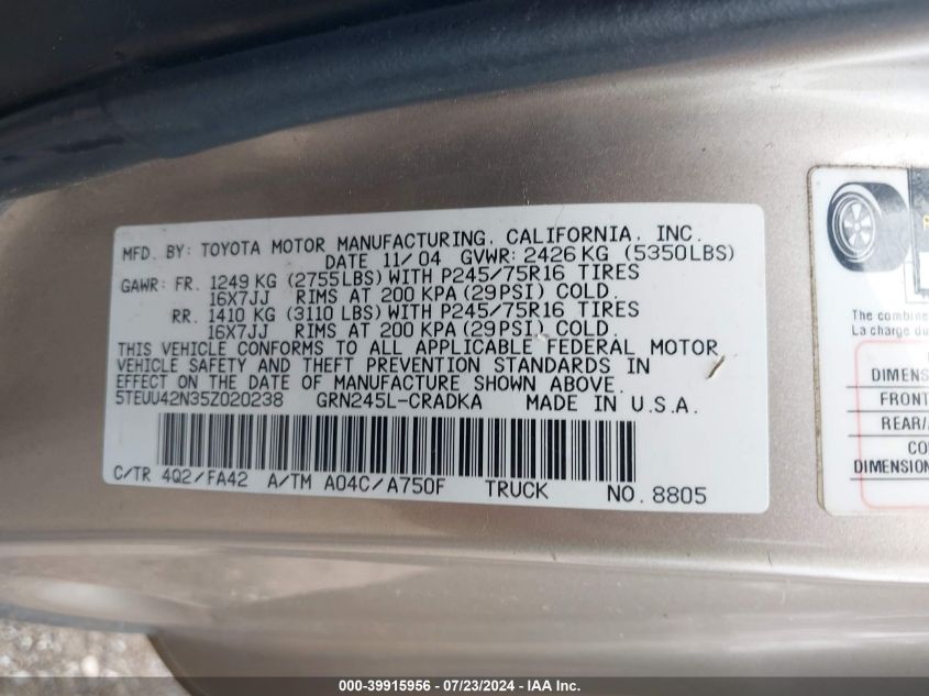 2005 Toyota Tacoma Base V6 VIN: 5TEUU42N35Z020238 Lot: 39915956