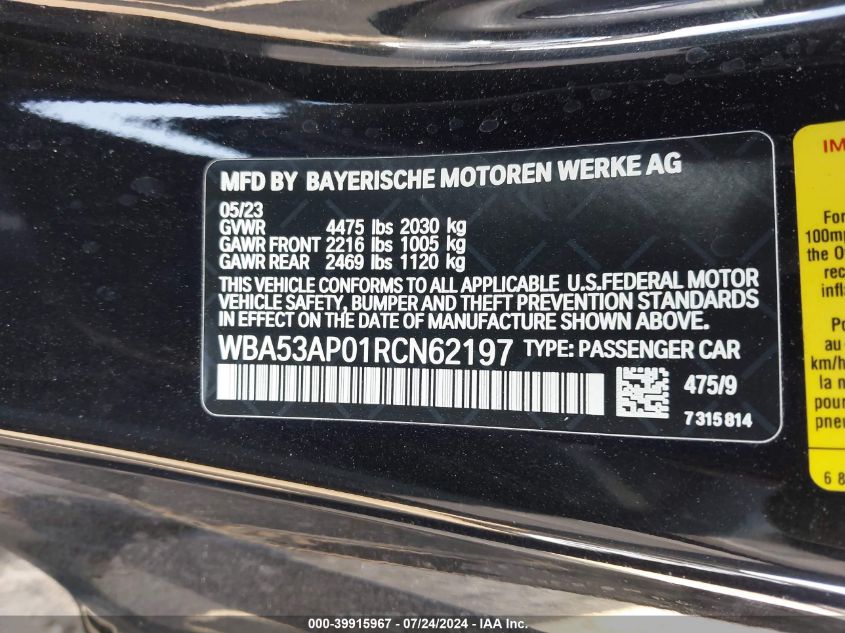 2024 BMW 4 Series 430I VIN: WBA53AP01RCN62197 Lot: 39915967