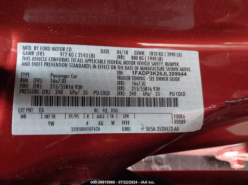 VIN 1FADP3K26JL309944 2018 FORD FOCUS SE