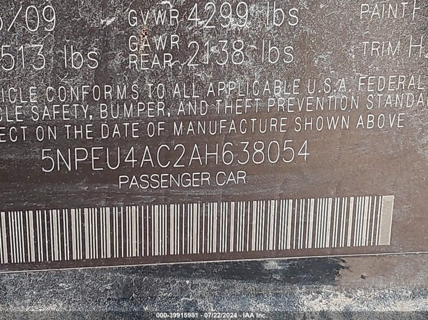 2010 Hyundai Sonata Limited VIN: 5NPEU4AC2AH638054 Lot: 39915981