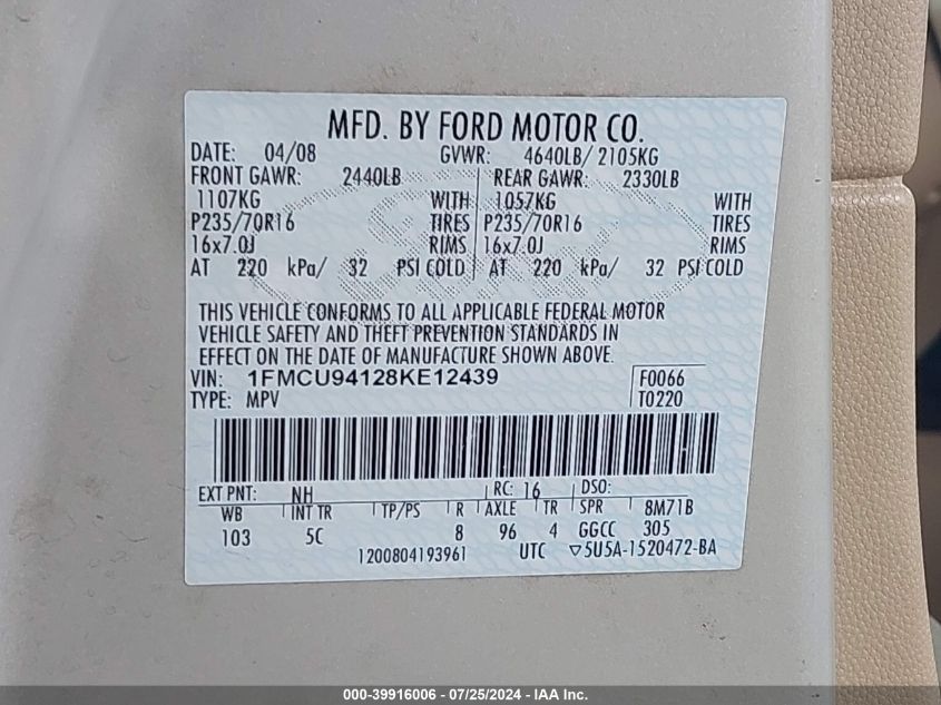 2008 Ford Escape Limited VIN: 1FMCU94128KE12439 Lot: 39916006