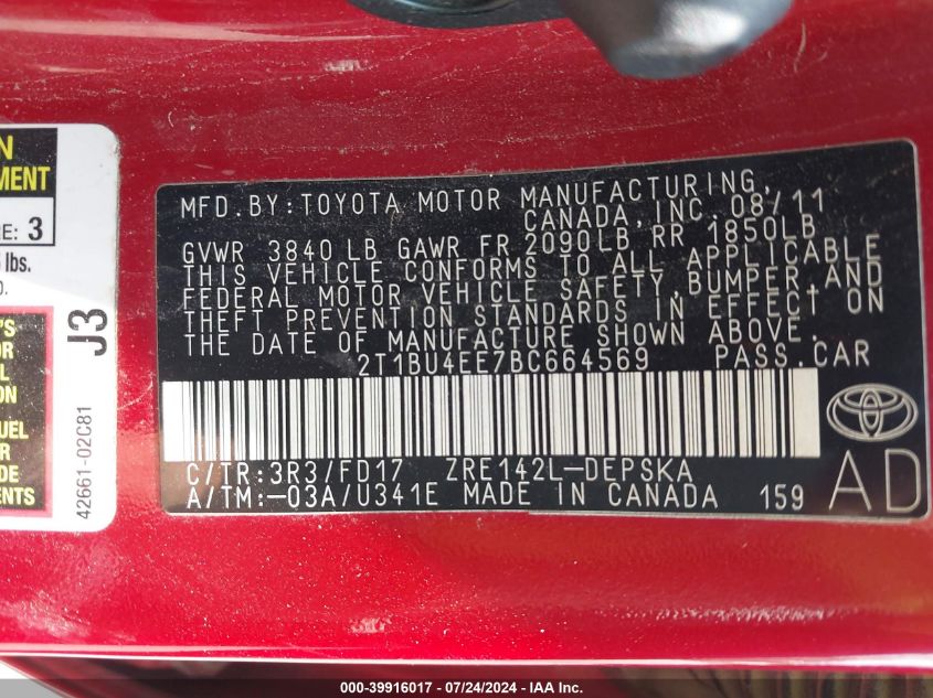 2011 Toyota Corolla S VIN: 2T1BU4EE7BC664569 Lot: 39916017