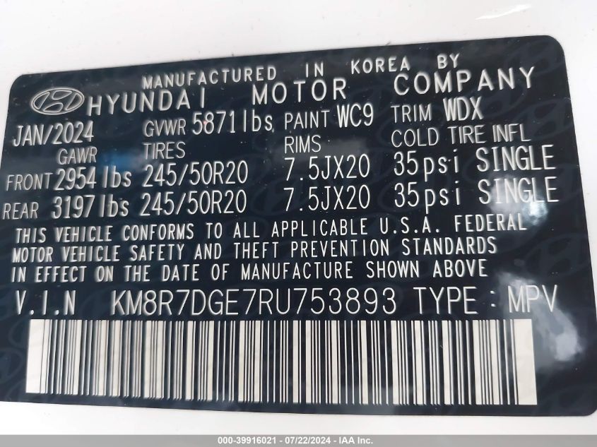 2024 Hyundai Palisade Calligraphy VIN: KM8R7DGE7RU753893 Lot: 39916021