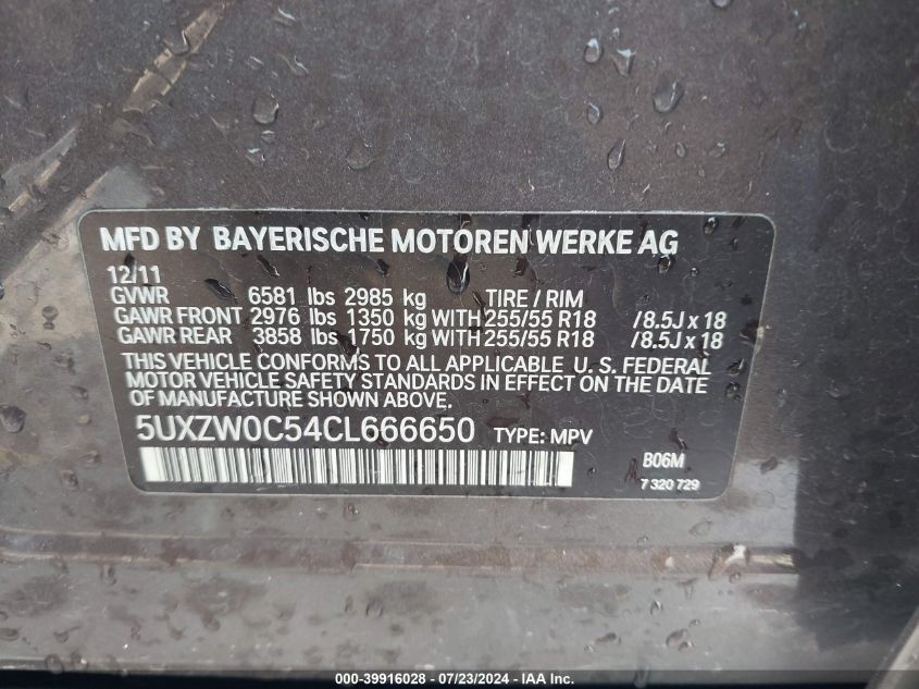 2012 BMW X5 xDrive35D VIN: 5UXZW0C54CL666650 Lot: 39916028