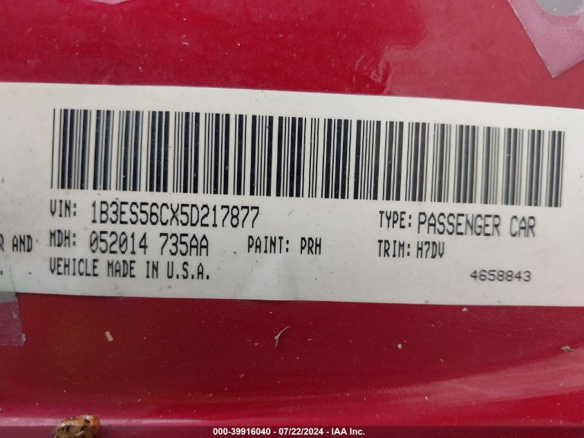 2005 Dodge Neon Sxt VIN: 1B3ES56CX5D217877 Lot: 39916040