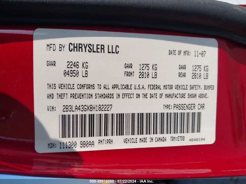 2008 Dodge Charger VIN: 2B3LA43GX8H182227 Lot: 39916050