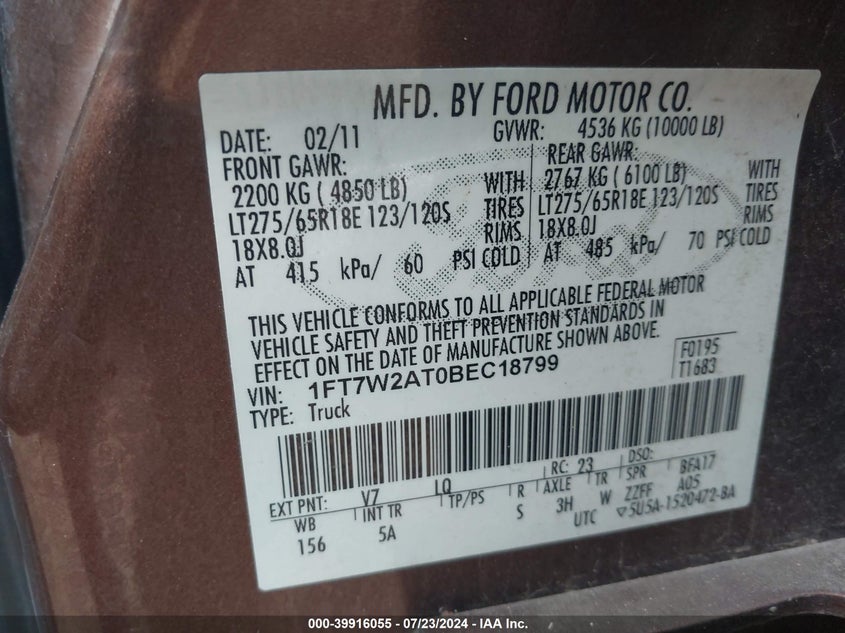 2011 Ford F-250 Lariat VIN: 1FT7W2AT0BEC18799 Lot: 39916055