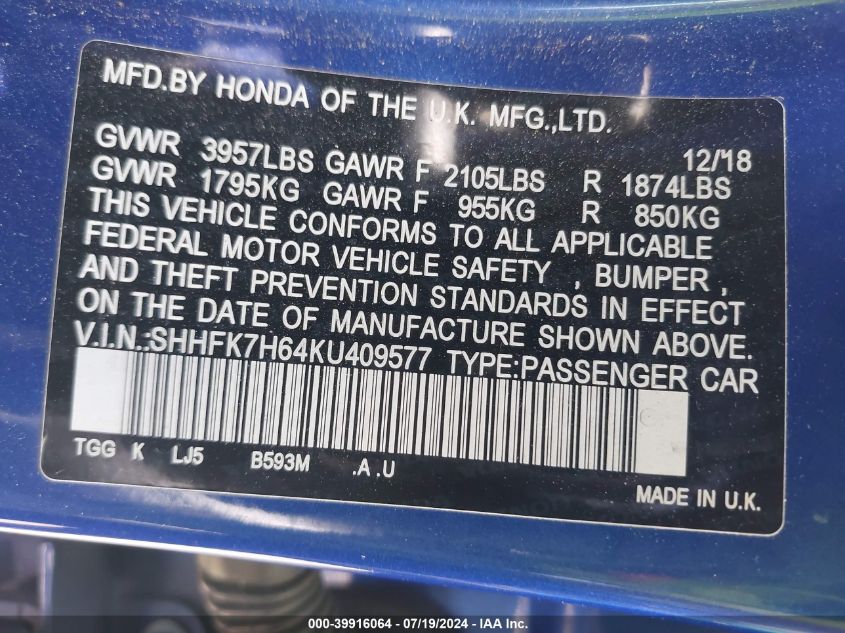 2019 Honda Civic Ex VIN: SHHFK7H64KU409577 Lot: 39916064