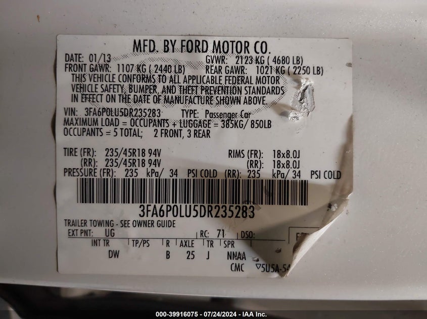 2013 Ford Fusion Hybrid Se VIN: 3FA6P0LU5DR235283 Lot: 39916075