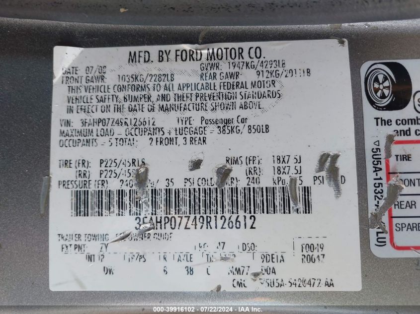 2009 Ford Fusion Se VIN: 3FAHP07Z49R126612 Lot: 39916102