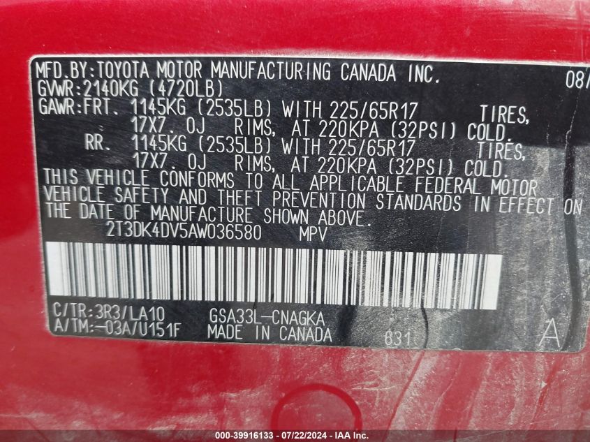 2010 Toyota Rav4 Limited V6 VIN: 2T3DK4DV5AW036580 Lot: 39916133