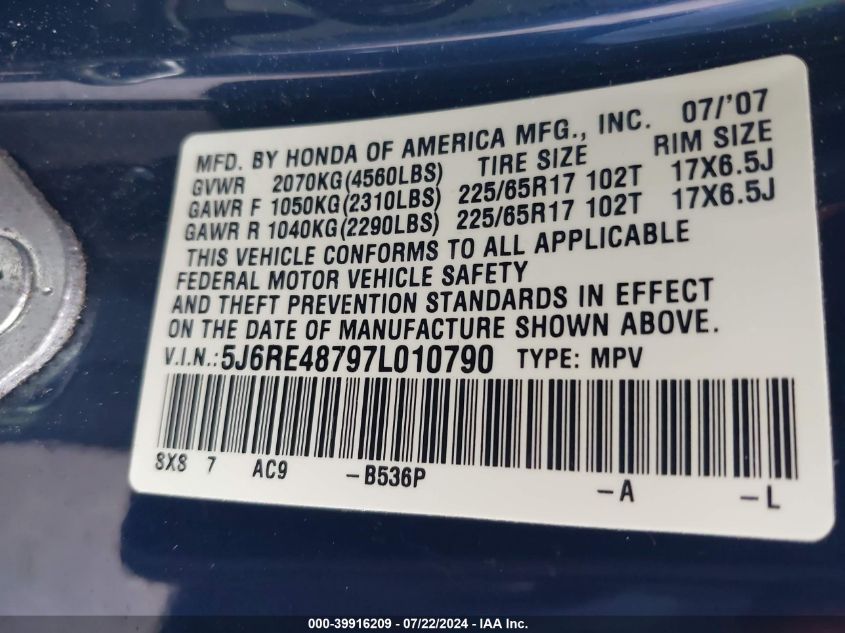2007 Honda Cr-V Ex-L VIN: 5J6RE48797L010790 Lot: 39916209
