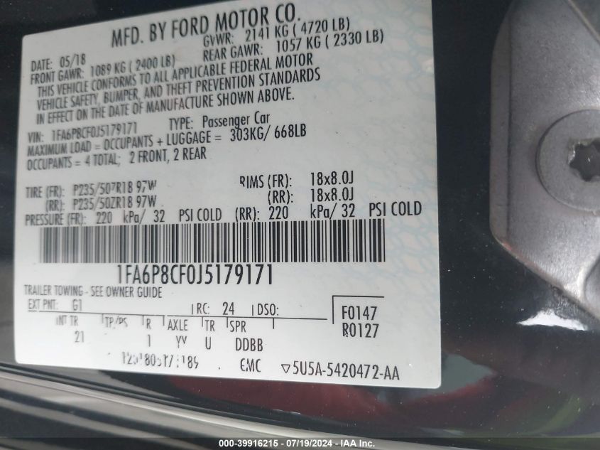 2018 Ford Mustang Gt VIN: 1FA6P8CF0J5179171 Lot: 39916215