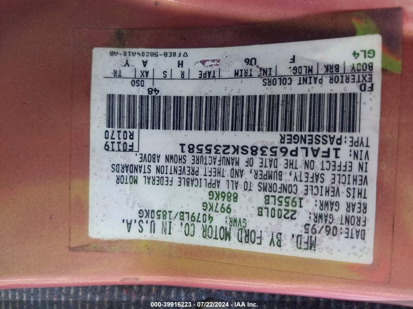 1995 Ford Contour Gl VIN: 1FALP6538SK235581 Lot: 39916223