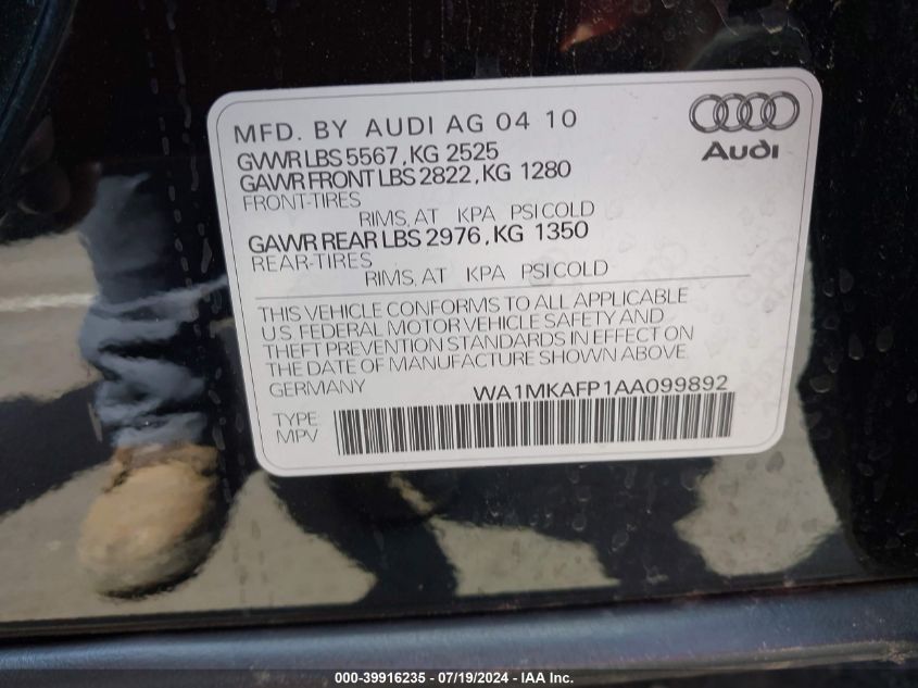 2010 Audi Q5 3.2 Premium VIN: WA1MKAFP1AA099892 Lot: 39916235