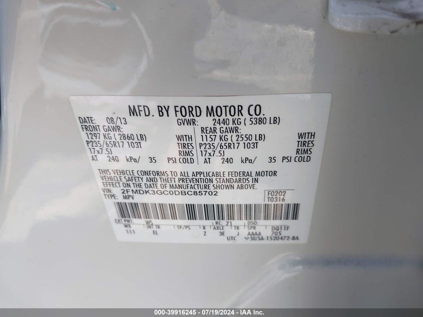 2013 Ford Edge Se VIN: 2FMDK3GC0DBC85702 Lot: 39916245