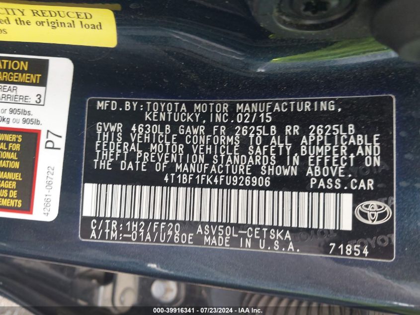 4T1BF1FK4FU926906 2015 Toyota Camry Se