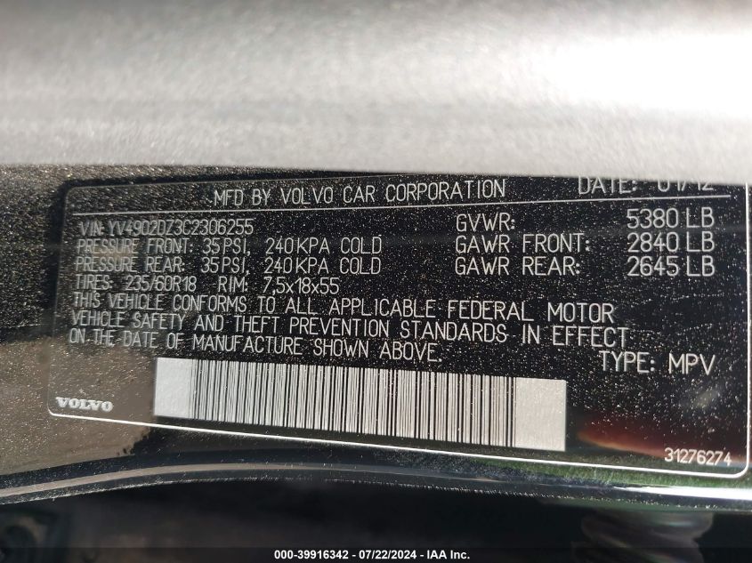 2012 Volvo Xc60 T6/T6 Platinum/T6 Premier Plus/T6 R-Design/T6 R-Design Platinum/T6 R-Design Premier Plus VIN: YV4902DZ3C2306255 Lot: 39916342