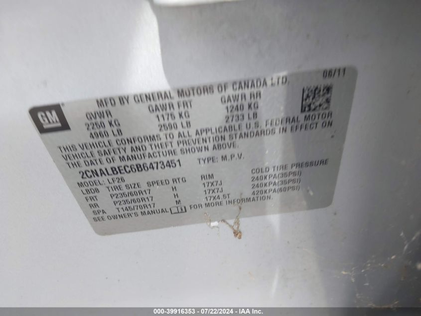 2011 Chevrolet Equinox Ls VIN: 2CNALBEC6B6473451 Lot: 39916353