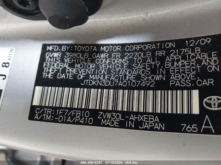 JTDKN3DU7A0107492 | 2010 TOYOTA PRIUS