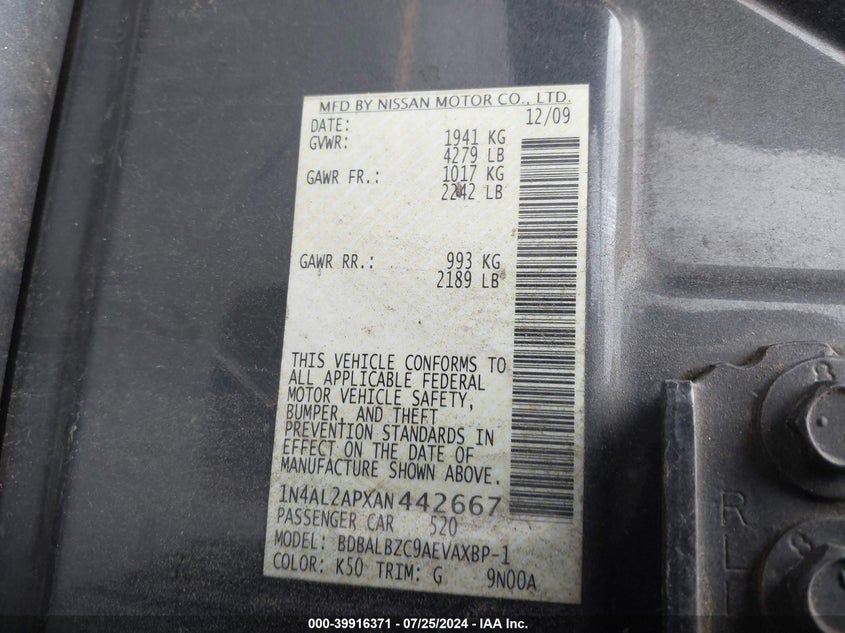 2010 Nissan Altima 2.5 S VIN: 1N4AL2APXAN442667 Lot: 39916371