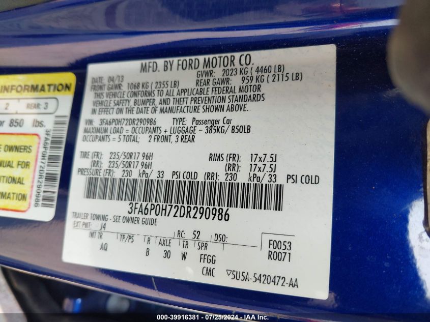 2013 Ford Fusion Se VIN: 3FA6P0H72DR290986 Lot: 39916381