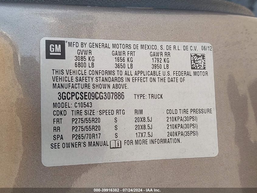 2012 Chevrolet Silverado 1500 Lt VIN: 3GCPCSE09CG307886 Lot: 39916382