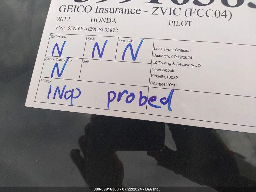 2012 Honda Pilot Lx VIN: 5FNYF4H29CB003872 Lot: 39916383