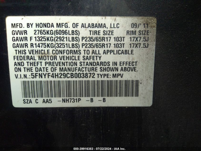 2012 Honda Pilot Lx VIN: 5FNYF4H29CB003872 Lot: 39916383