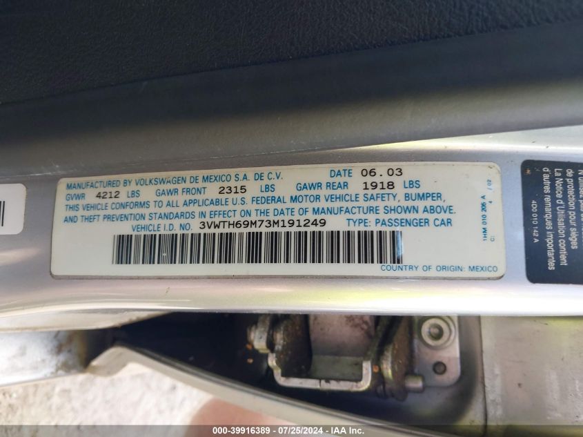 2003 Volkswagen Jetta Glx VIN: 3VWTH69M73M191249 Lot: 39916389