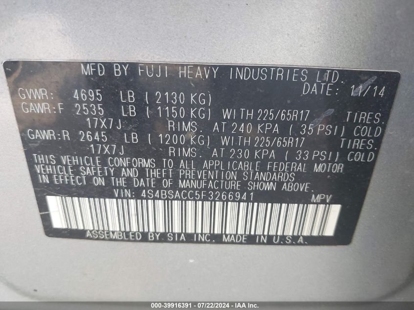 2015 Subaru Outback 2.5I Premium VIN: 4S4BSACC5F3266941 Lot: 39916391