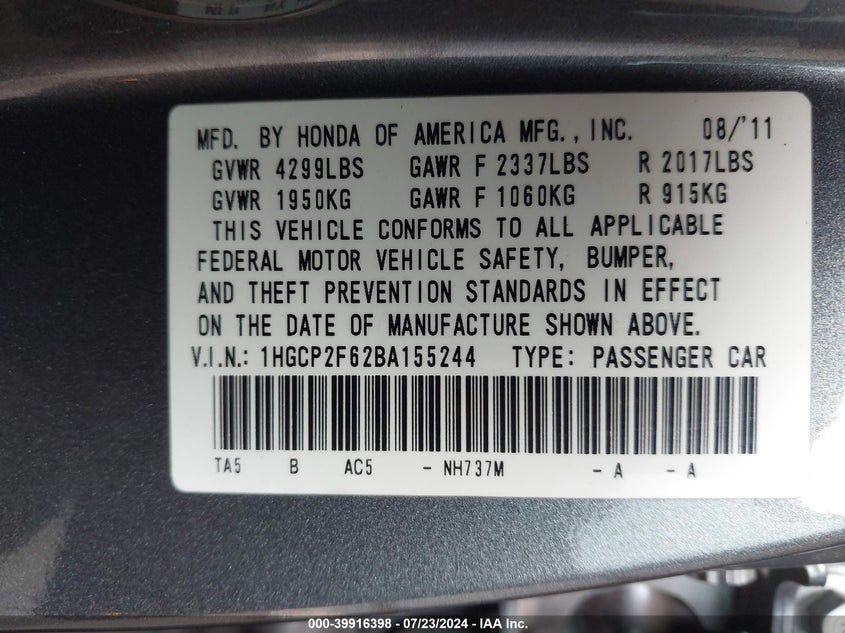 2011 Honda Accord 2.4 Se VIN: 1HGCP2F62BA155244 Lot: 39916398