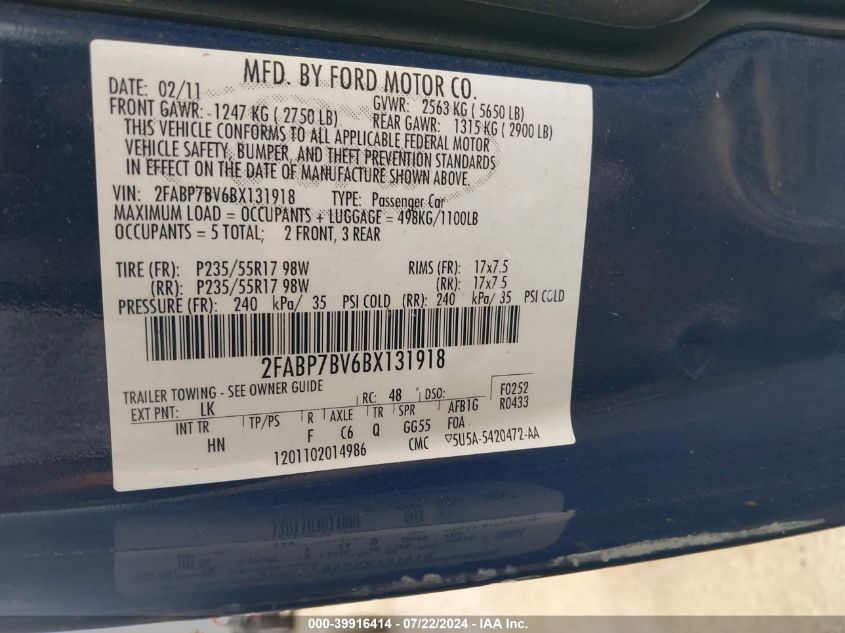 2011 Ford Crown Victoria Police Interceptor VIN: 2FABP7BV6BX131918 Lot: 39916414